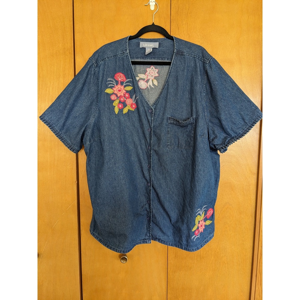 Liz & Me Floral Embroidered Denim Shirt Plus Size Boho Grannycore Short Sleeve2X